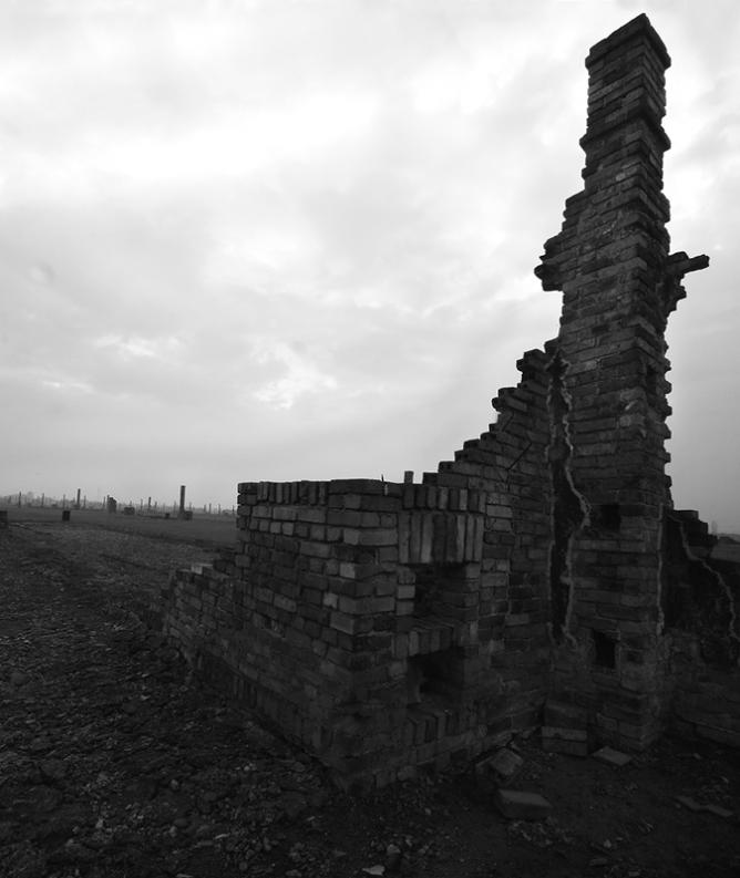 KL Birkenau. Kominy po barakach. Milczący  świadek