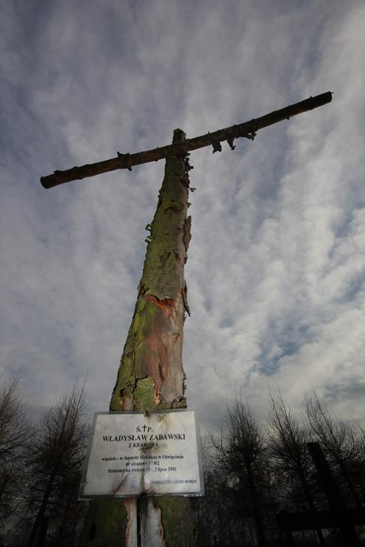 Jeden z krzyży na tyłach kościoła w Harmęży koło Oświęcimia, ku pamięci więźnia obozu zagłady - niemy krzyk